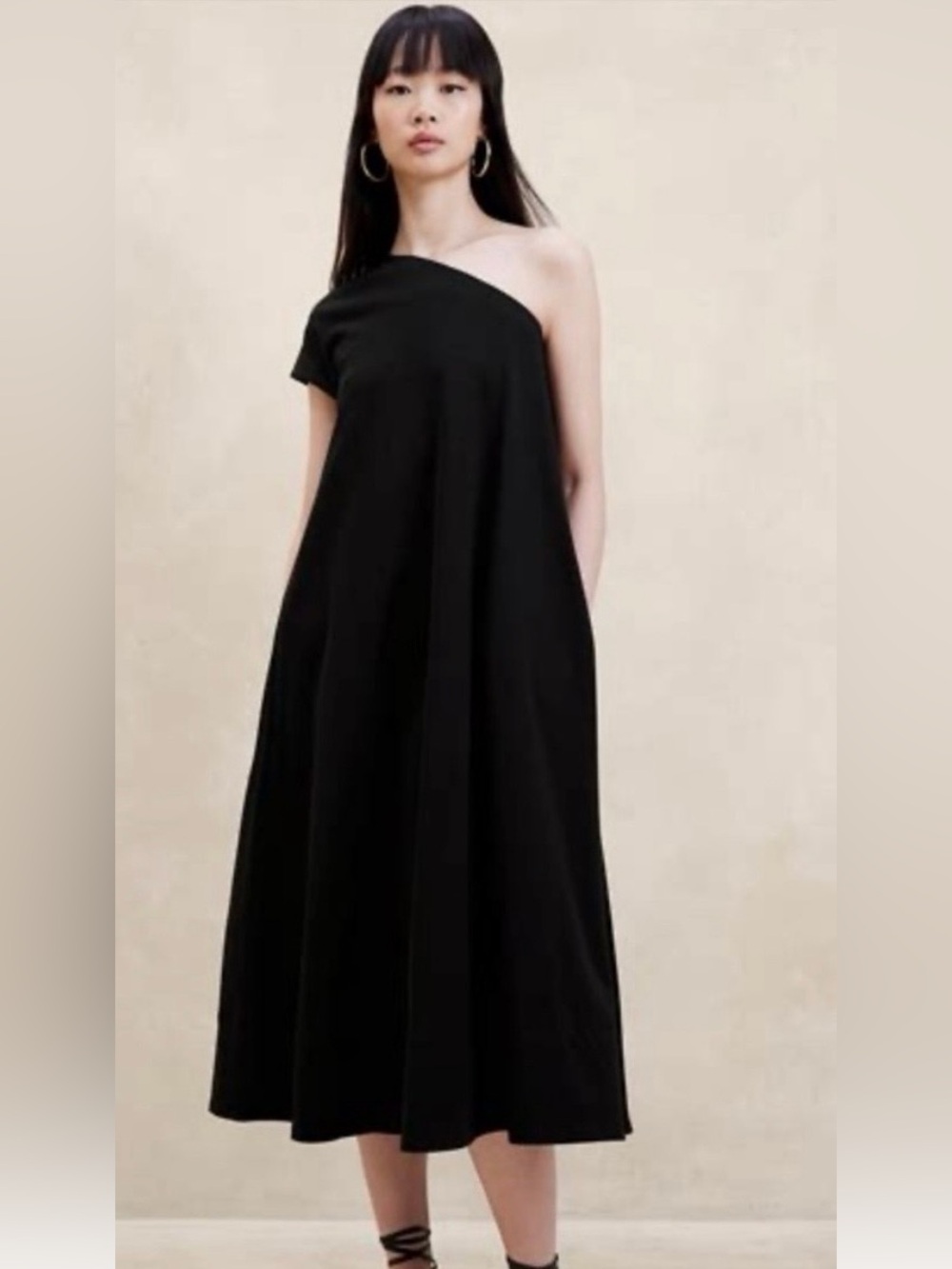 Banana Republic Odile One-Shoulder Black A-Line Midi Dress